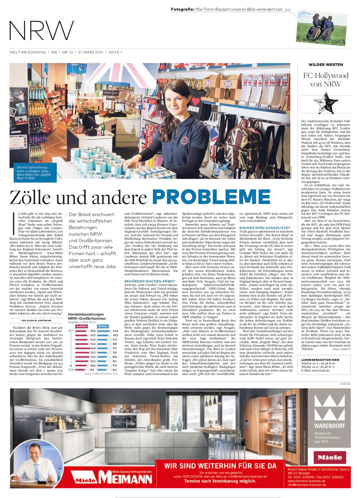 Zeitungsartikel über John Crocket in der Welt am Sonntag (NRW, 21. März 2021): „Zölle und andere Probleme“ – John Crocket