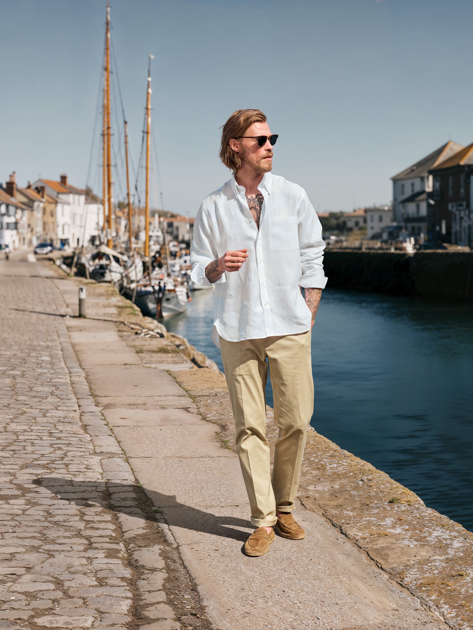 Leinenhemd mit Classic Button Down Kragen in weiß