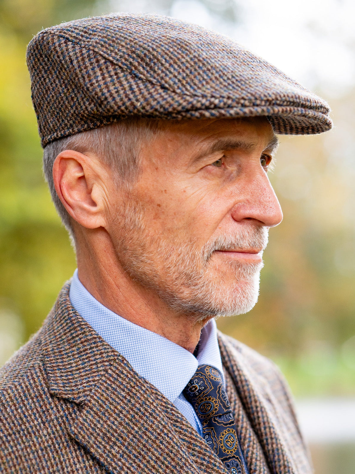 Tweed Cap in Hahnentritt braun/blau aus Harris Tweed