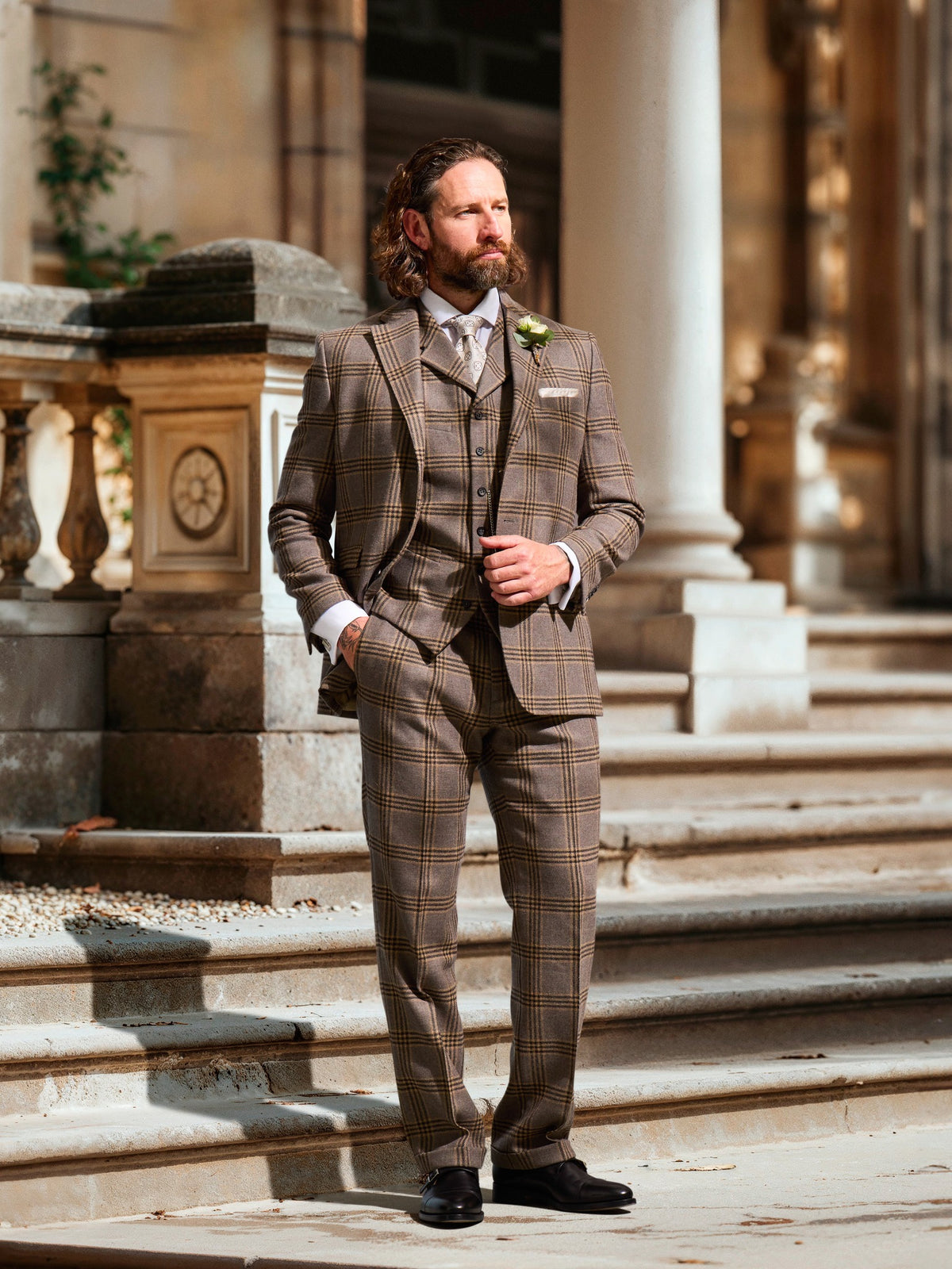 Tweed Anzug Dreiteiler in grau/beige, Karo, Lovat Tweed
