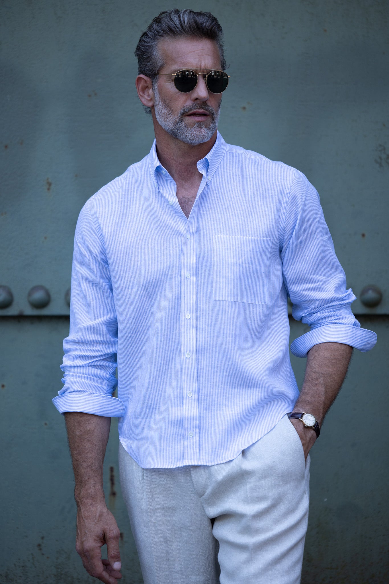 Leinenhemd Button-Down Kragen Blau-Weiß gestreift