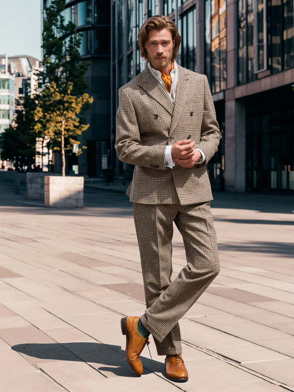 Tweed Anzug Doppelreiher in dunkelbraun/beige, Glencheck, Moon Tweed