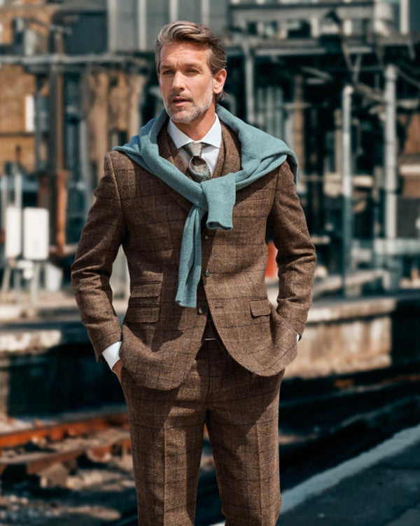 Tweed Anzug Dreiteiler in braun, Windowpane, Moon Tweed