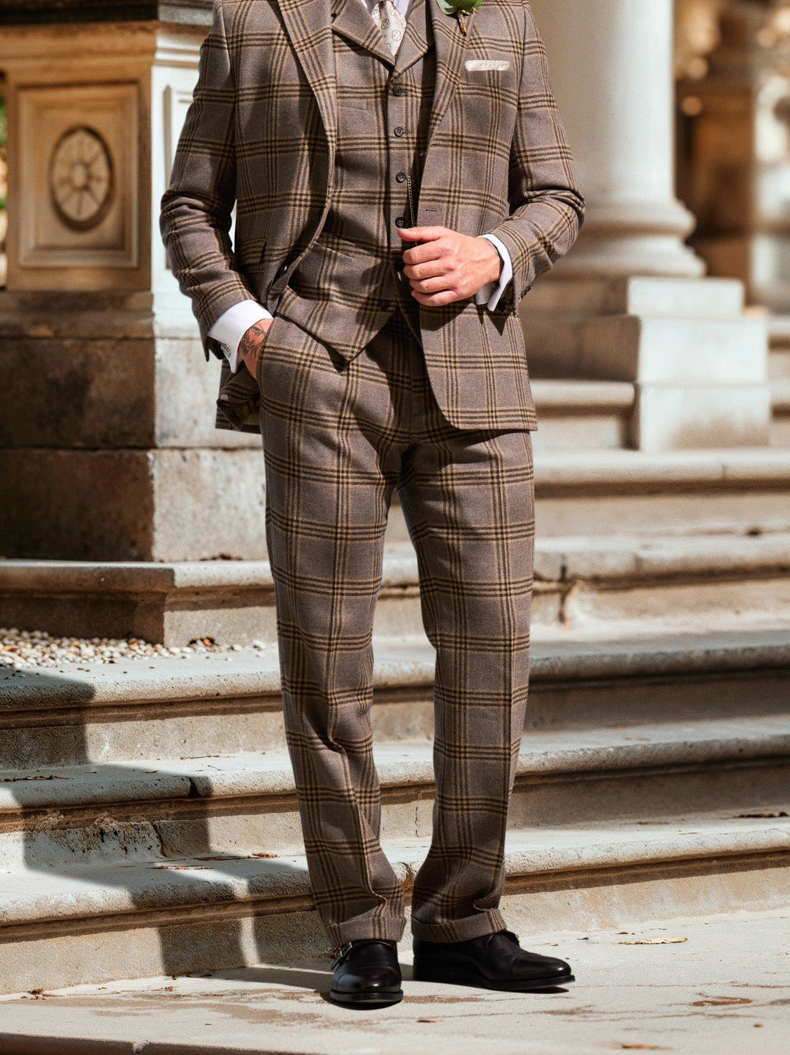 Tweed Anzug Dreiteiler in grau/beige, Karo, Lovat Tweed