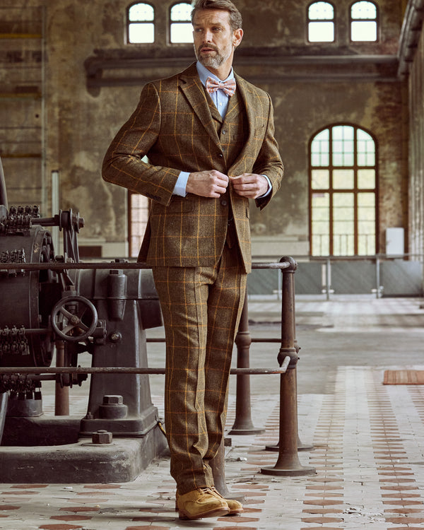 Tweed Anzug Dreiteiler in grün, Windowpane auf meliertem Grund, Lovat Tweed