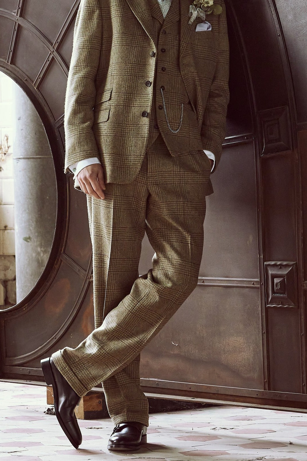 Tweed Anzug Dreiteiler in grün, Glencheck mit Überkaro, Lovat Tweed