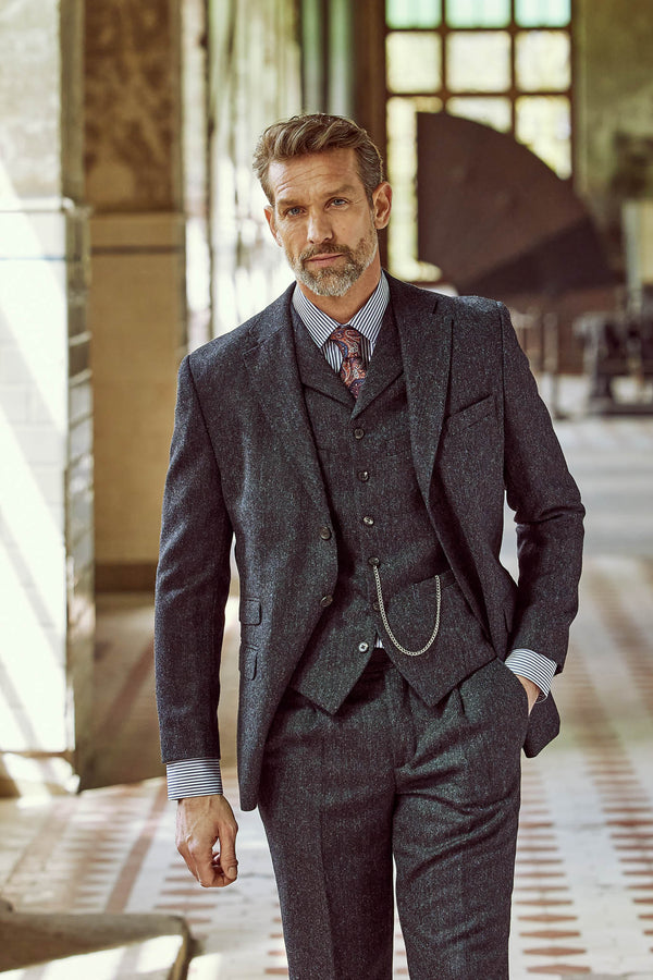 Tweed Anzug Dreiteiler in marineblau, meliert, Moon Tweed