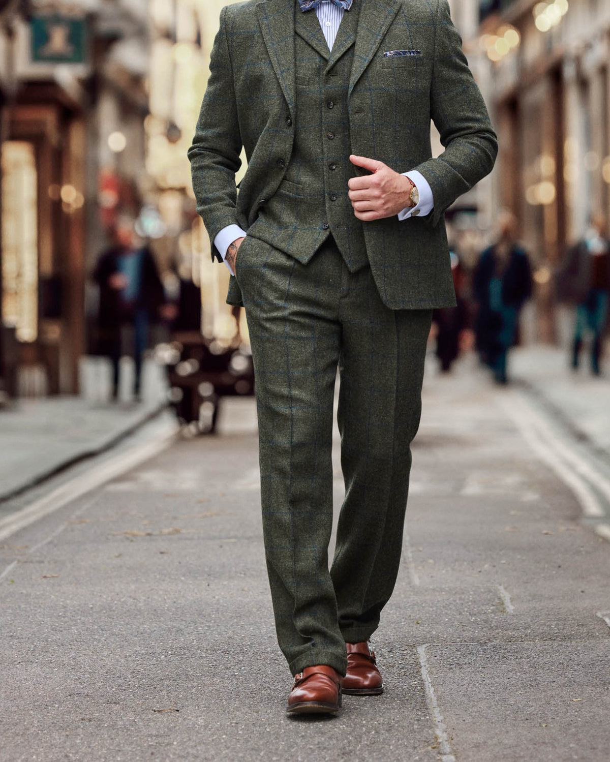 Tweed Anzug Dreiteiler in dunkelgrün, meliert mit blauem Überkaro, Lovat Tweed