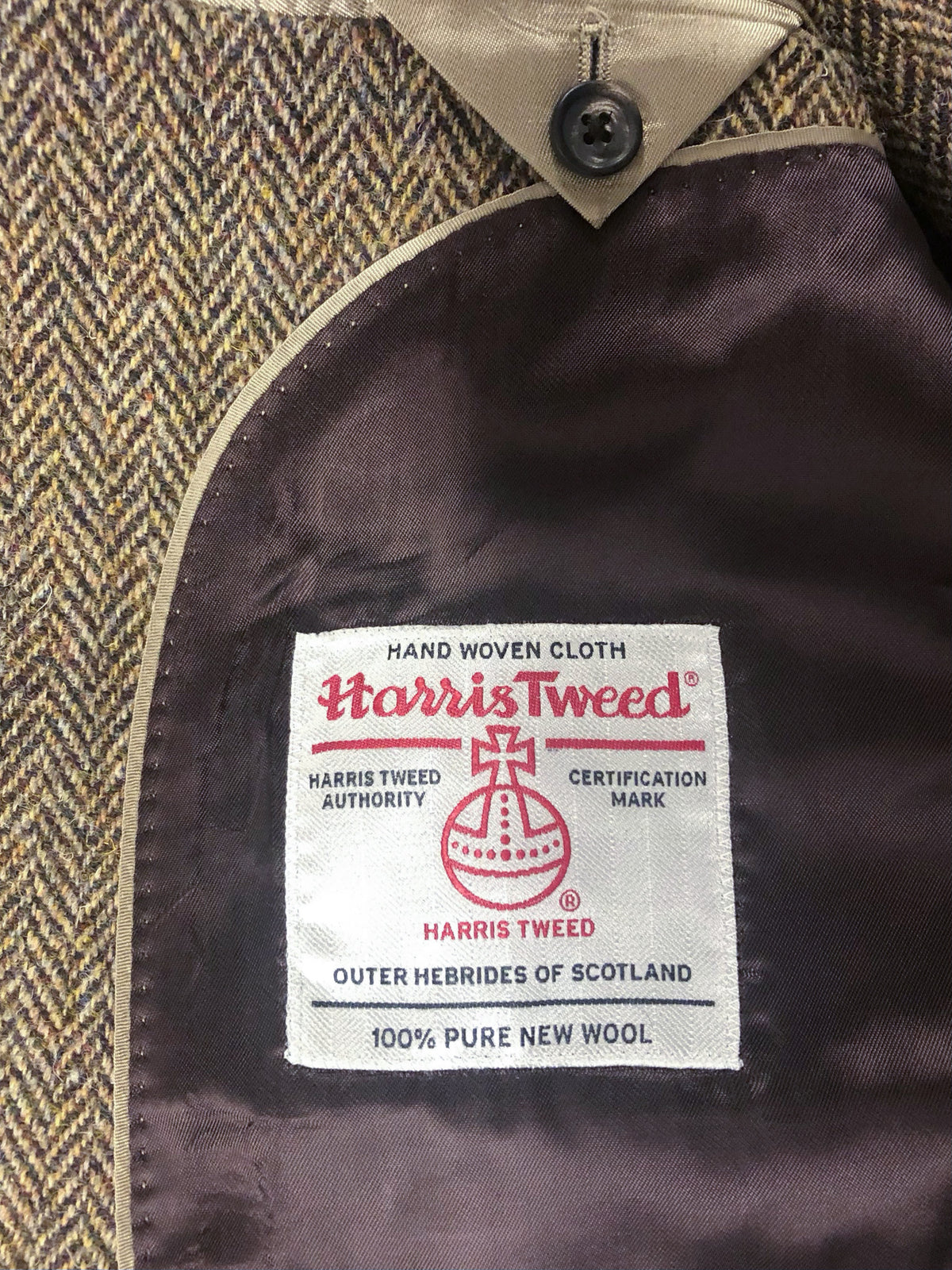 Tweed-Sakko Fischgrät Harris Tweed Green and Fawn Innenfutter mit Harris-Tweed-Etikett — John Crocket