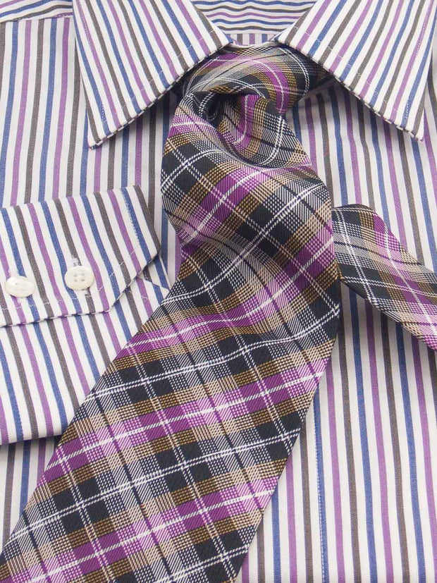 Hemd: Hemd in Slimline mit Kent Kragen in blau/lila/schwarz gestreift | John Crocket – Fine British Clothing