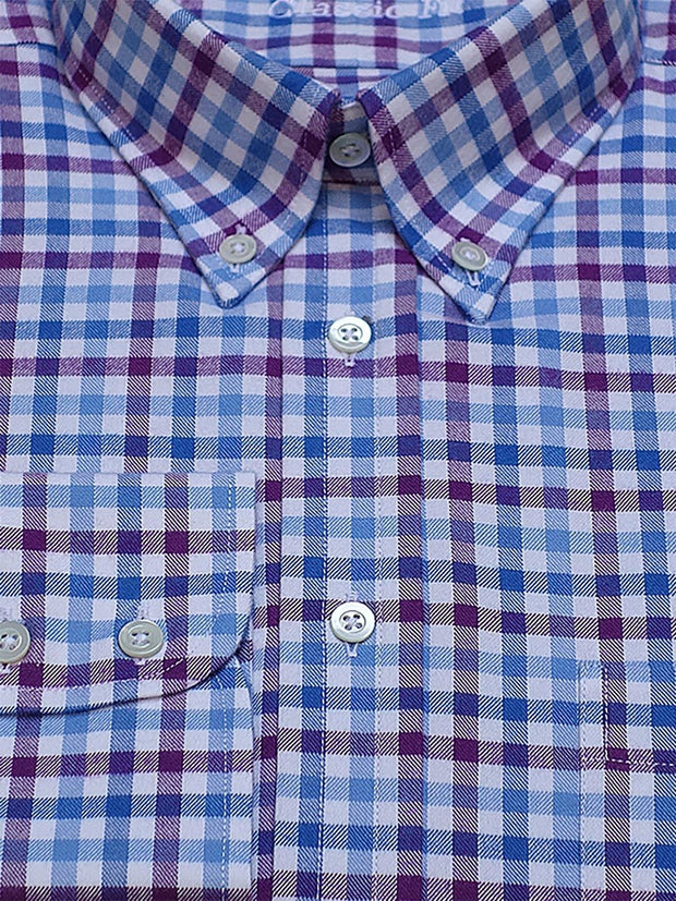 Hemd: Hemd in Classic mit Tab Kragen in blau/lila kariert | John Crocket – Fine British Clothing