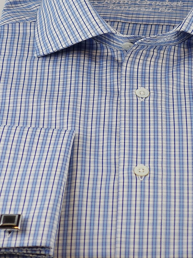 Hemd: Hemd in Slimline mit Cut-Away Kragen in blau kariert | John Crocket – Fine British Clothing